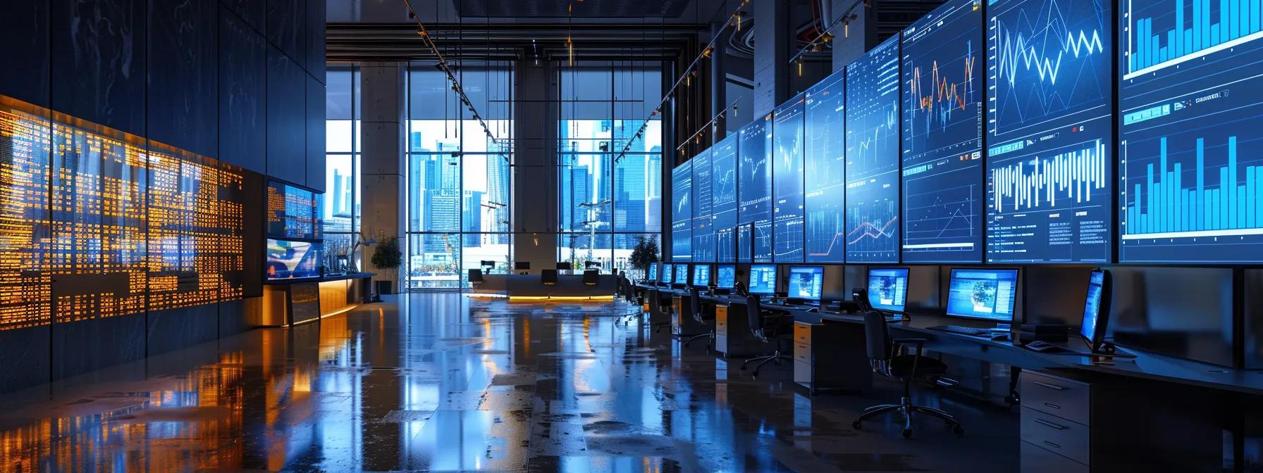 a sleek, modern office filled with large digital screens displaying dynamic charts and data streams, illustrating the fast-paced adaptability of ai ranking systems amidst a bustling urban environment.