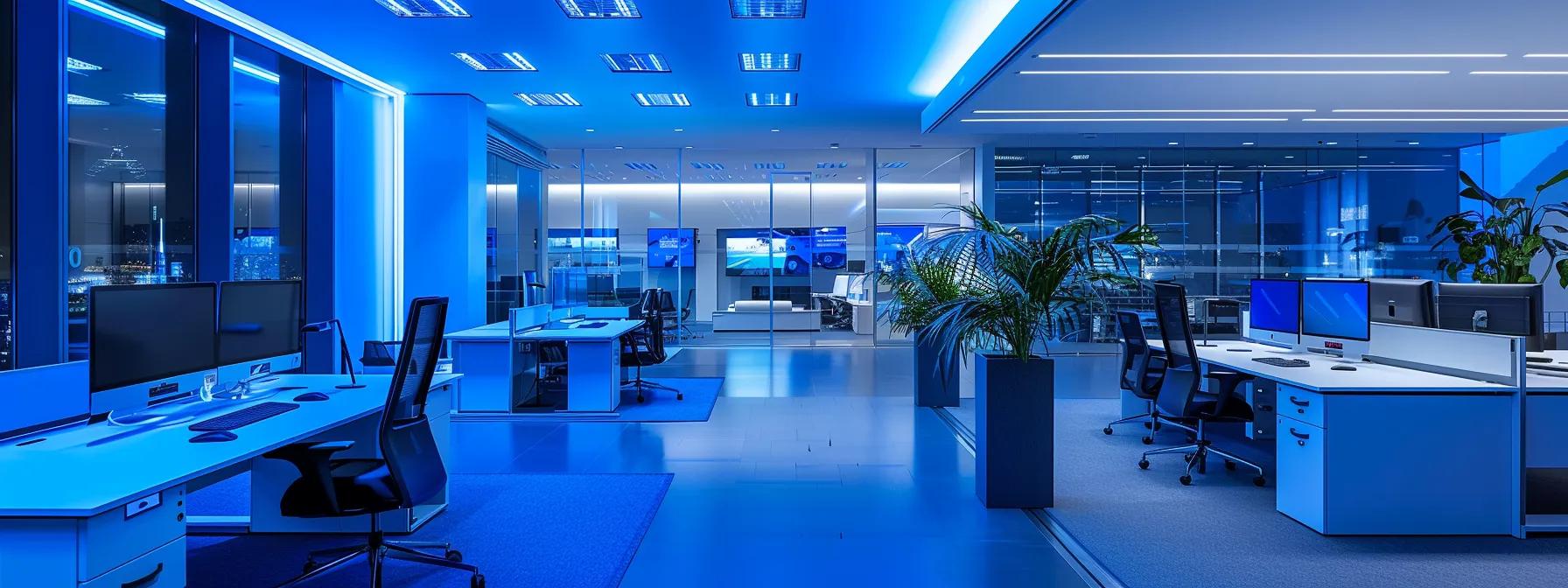 a sleek, modern office filled with futuristic solar panels and advanced ai technology displays, illuminated by ambient blue lighting that reflects innovation and the promise of renewable energy advancements.