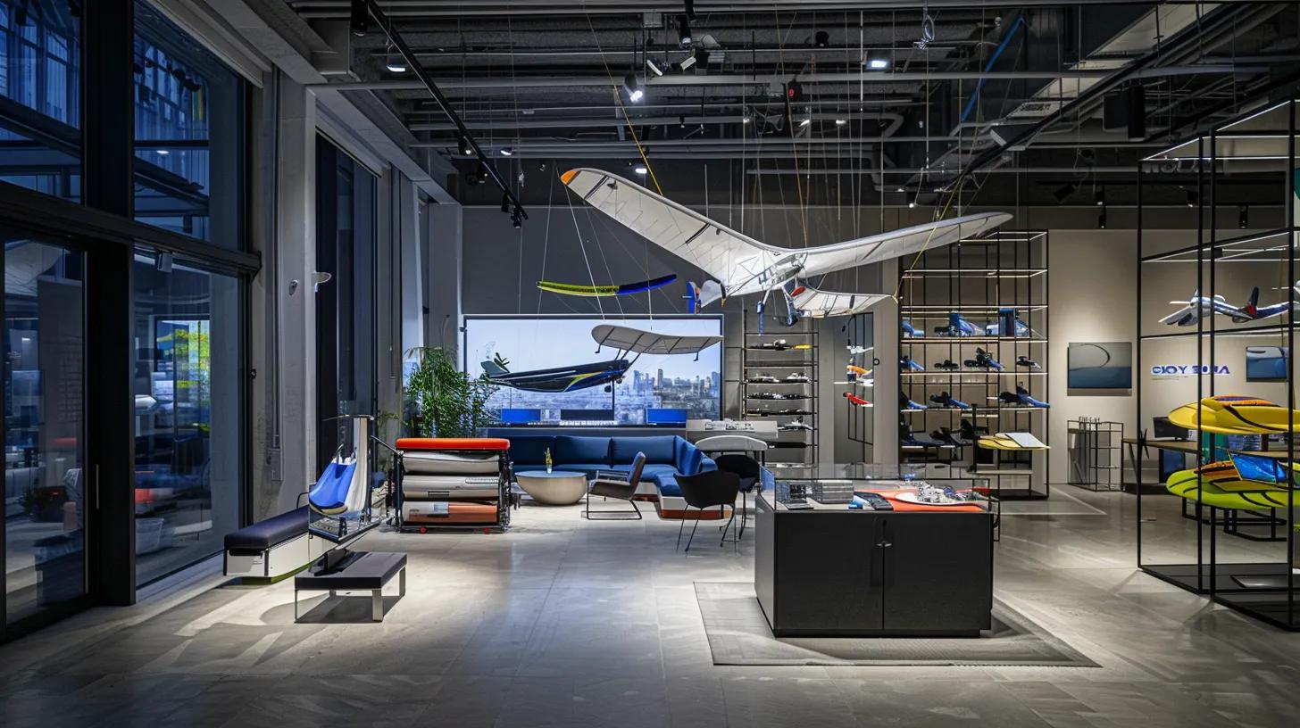 a sleek, modern office filled with high-tech paragliding equipment on display, showcasing innovative wing materials and advanced flight instruments under bright, focused lighting, emphasizing the cutting-edge nature of aviation technology. a sleek, modern office filled with high-tech paragliding equipment on display, showcasing innovative wing materials and advanced flight instruments under bright, focused lighting, emphasizing the cutting-edge nature of aviation technology.
