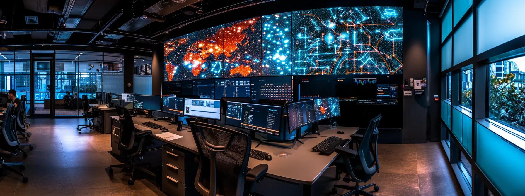 a sleek, modern office filled with multi-screen workstations displays intricate data visualizations and cutting-edge ai algorithms, highlighting a dynamic discussion on the future of ai ranking technologies.