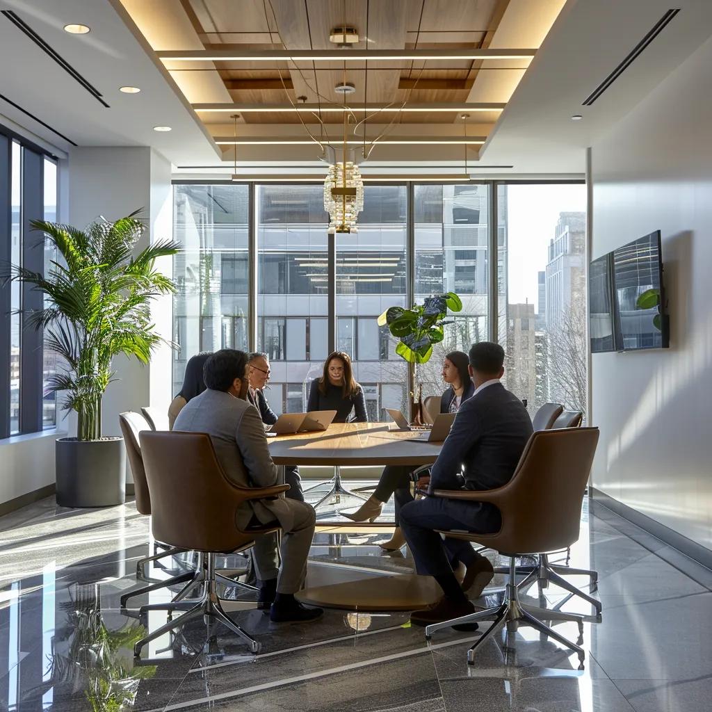 a sleek, modern office in elizabeth, nj, with a polished conference table and diverse professionals engaged in earnest discussion, conveying the expertise and warmth of a family immigration services firm.