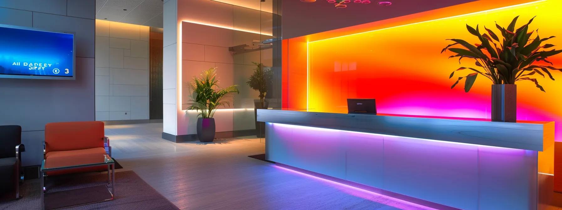 a sleek, modern office interior showcases a professional discussing the benefits of led therapy, illuminated by a striking led light panel that radiates vibrant colors, emphasizing an innovative and health-focused atmosphere. a sleek, modern office interior showcases a professional discussing the benefits of led therapy, illuminated by a striking led light panel that radiates vibrant colors, emphasizing an innovative and health-focused atmosphere.
