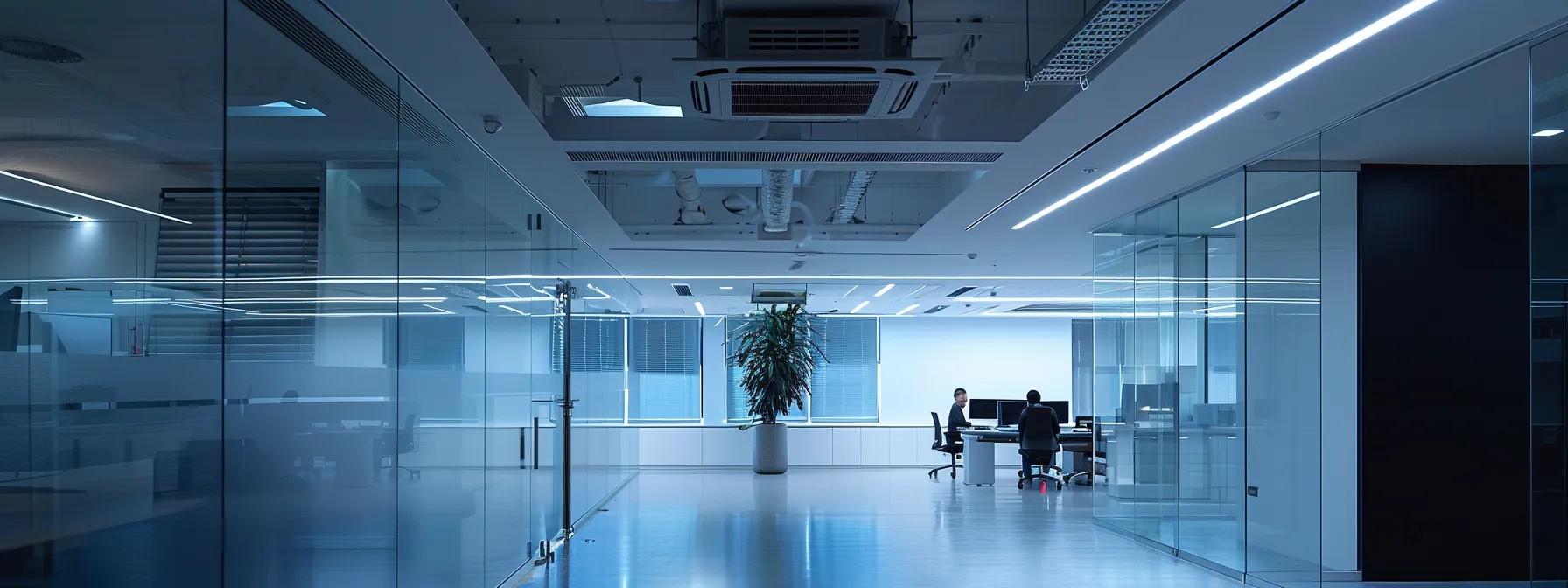 a sleek, modern office interior is illuminated by soft, ambient lighting, featuring a technician inspecting a high-efficiency air conditioning unit, emphasizing the importance of regular maintenance for optimal performance and air quality.