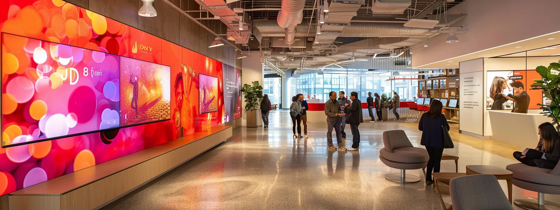 a sleek, modern office interior showcases a vibrant wall display of a nyc television feature's promotional materials, surrounded by focused professionals engaged in content strategy discussions, illuminated by dynamic artificial lighting that emphasizes the energetic atmosphere of media influence in a bustling urban environment.