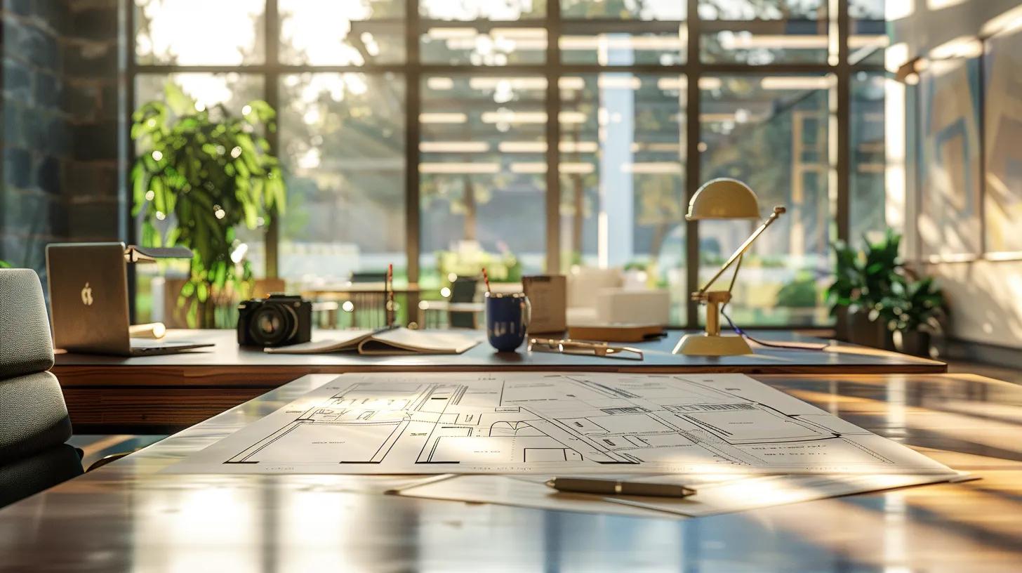 a sleek, modern office interior showcases a large blueprint of a custom house plan prominently displayed on a drafting table, emphasizing the precision and thoughtful design essential for efficient renovations. a sleek, modern office interior showcases a large blueprint of a custom house plan prominently displayed on a drafting table, emphasizing the precision and thoughtful design essential for efficient renovations.