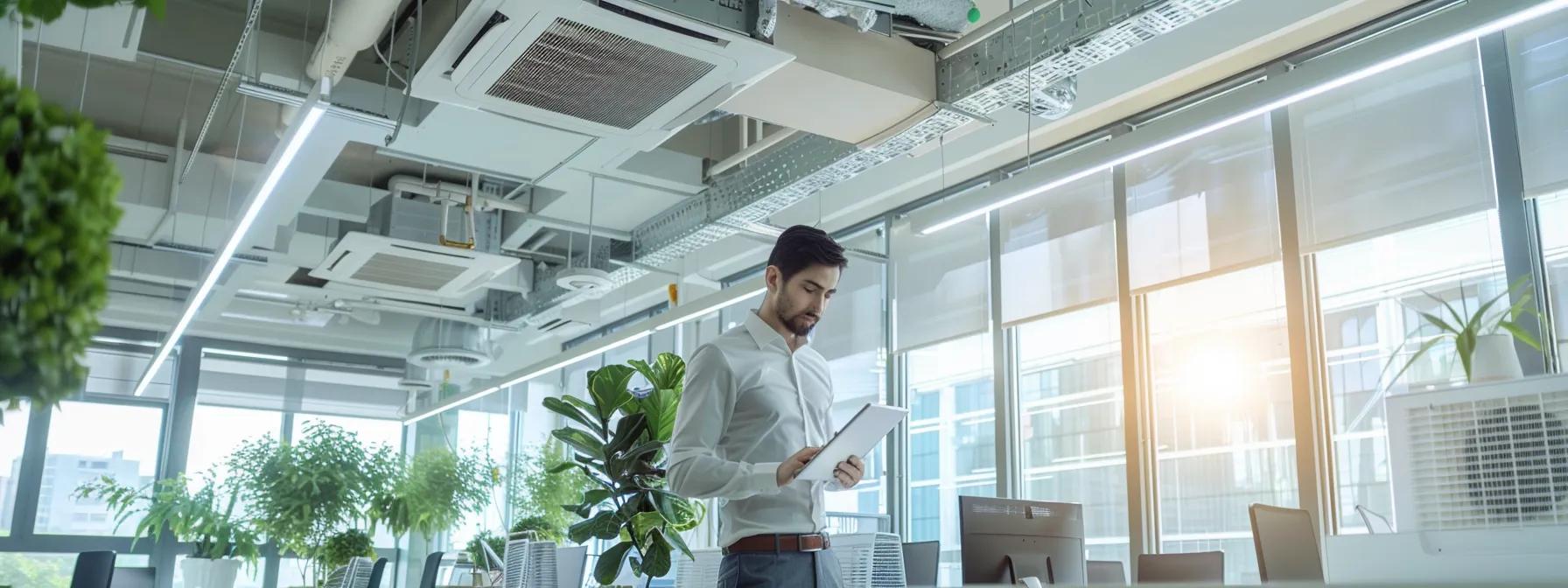 a sleek, modern office interior showcases a confident technician expertly installing a high-efficiency air conditioning unit, surrounded by clean lines and stylish décor that reflects professionalism and customer-centric service.