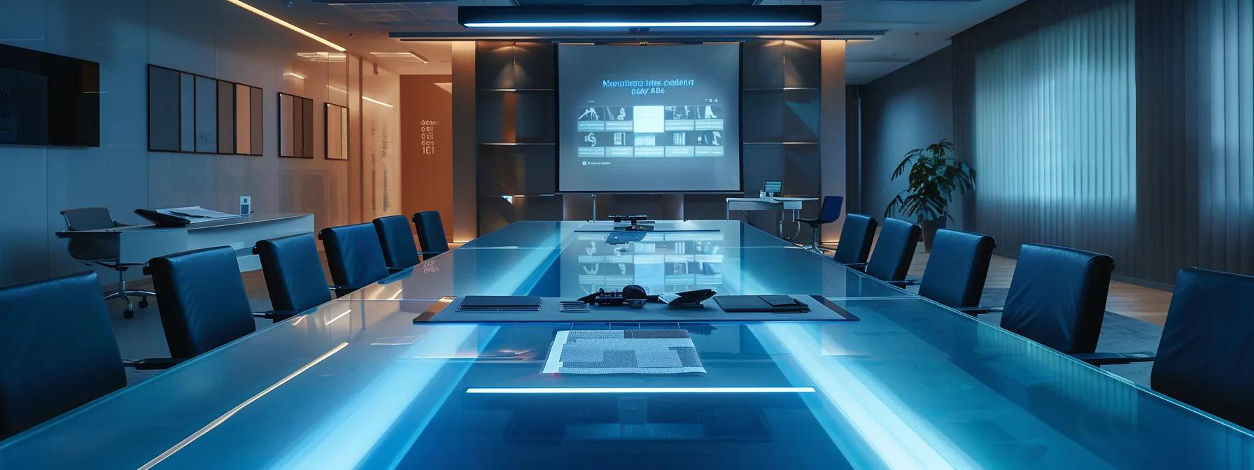 a sleek, modern office meeting room, featuring a large glass table with detailed flooring samples and a projector displaying a comparison chart of flooring shops, highlighting the importance of informed decision-making in home improvement projects.