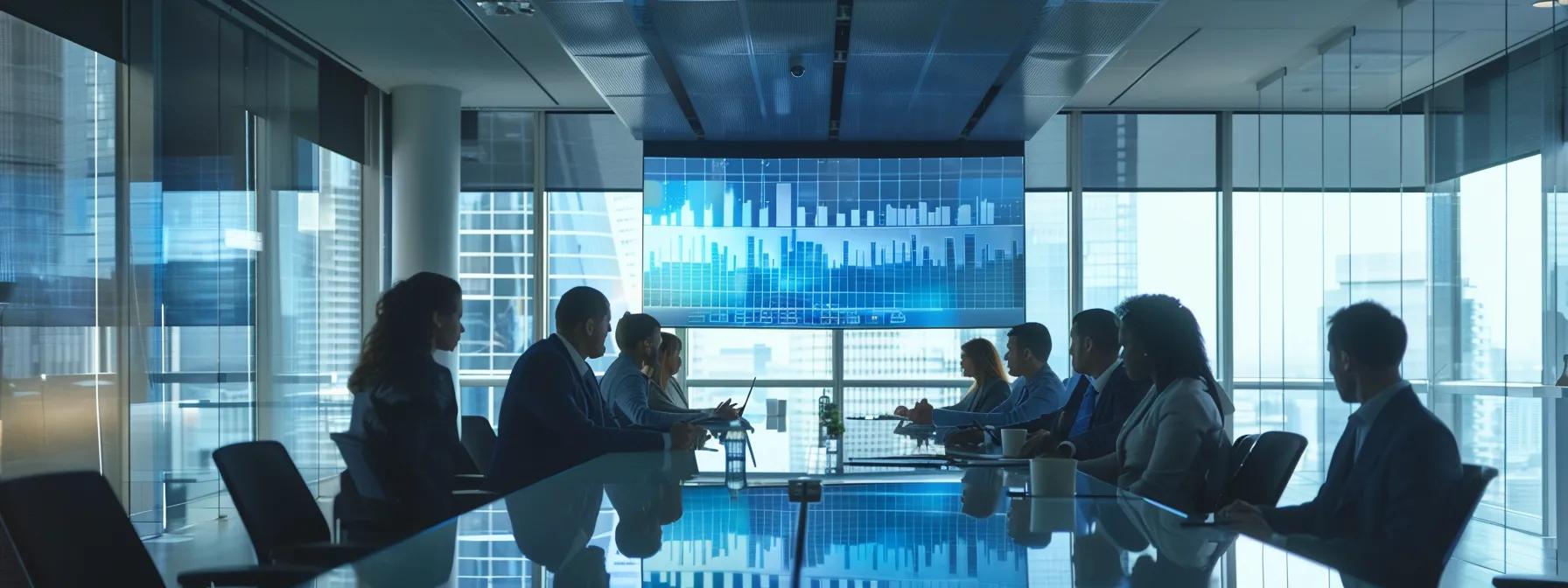 a sleek, modern office meeting room with a large glass table, sharp focus on a diverse group of professionals engaged in a discussion about investment opportunities, highlighted by dynamic visuals such as charts and graphs projected on a digital screen.