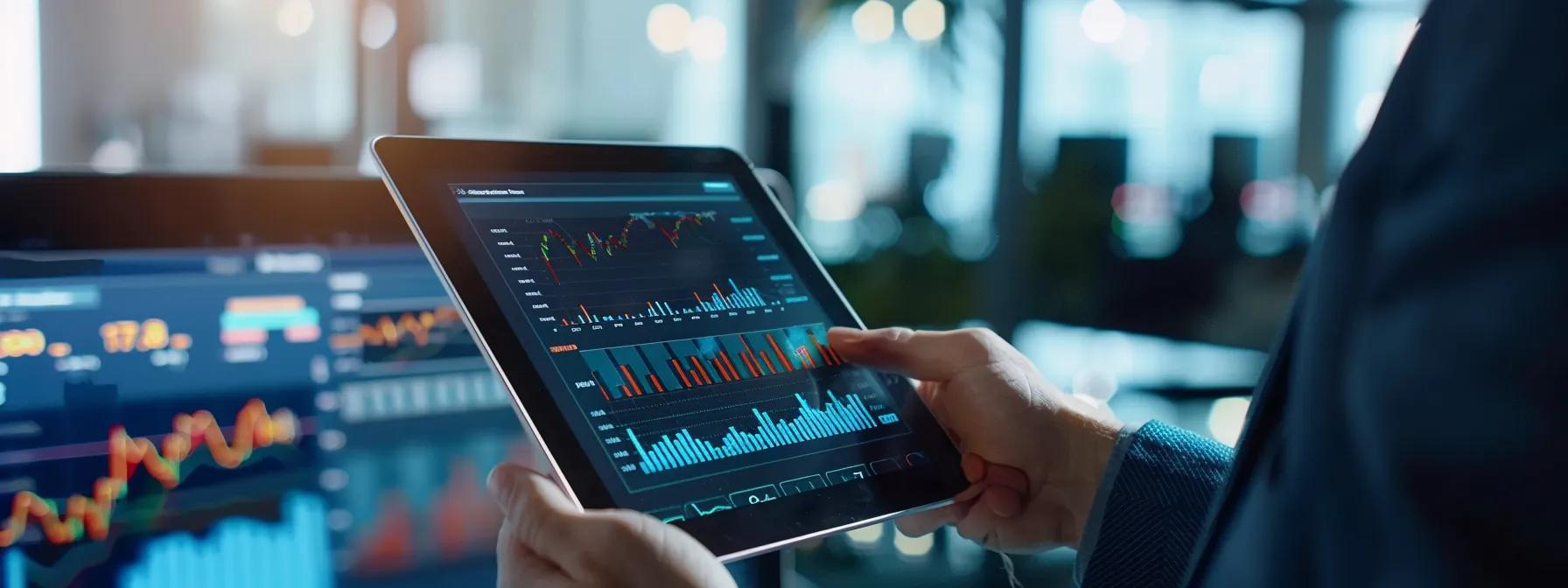 a sleek, modern office setting features a confident professional reviewing a digital tablet displaying detailed charts and graphs, symbolizing precise dosage and administration of mk-677 for effective fat loss.