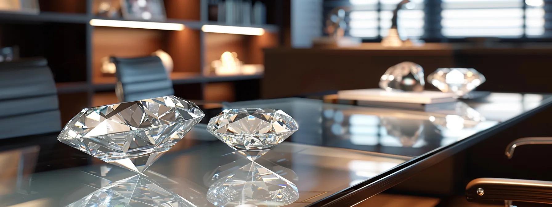 a sleek, modern office setting features a polished glass table displaying two radiant diamonds side by side, one natural and one lab-grown, under sharp overhead lighting that highlights their distinct qualities and contrasts their price tags, symbolizing the evolution of luxury in the jewelry market.