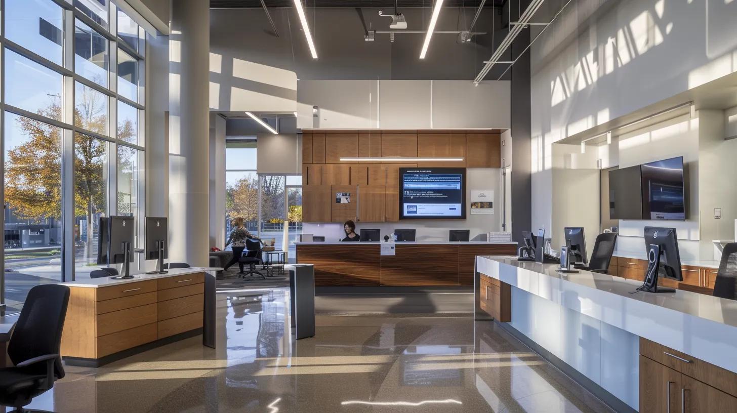 a sleek, modern office setting features a confident contractor engaged in an online search for official license renewal resources, surrounded by organized paperwork and a digital display showcasing the knoxville licensing department website.