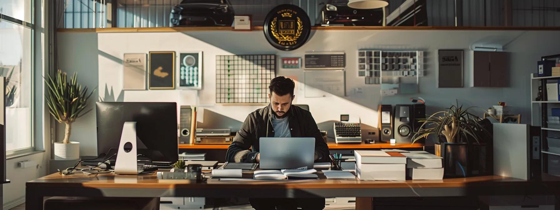 a sleek, modern office setting features a focused individual examining various car shipping quotes on a laptop, surrounded by paperwork and a wall of award plaques, conveying vigilance and professionalism in identifying potential shipping scams. a sleek, modern office setting features a focused individual examining various car shipping quotes on a laptop, surrounded by paperwork and a wall of award plaques, conveying vigilance and professionalism in identifying potential shipping scams.