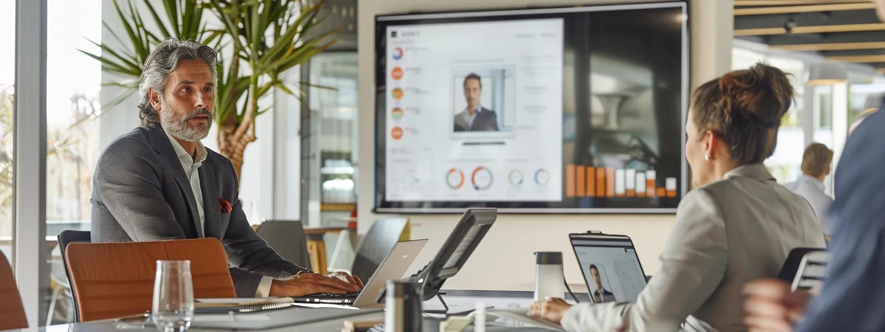 a sleek, modern office setting featuring a professional consultant presenting a detailed window replacement proposal to a client, with a large digital display showcasing various window styles and pricing options prominently in the background.