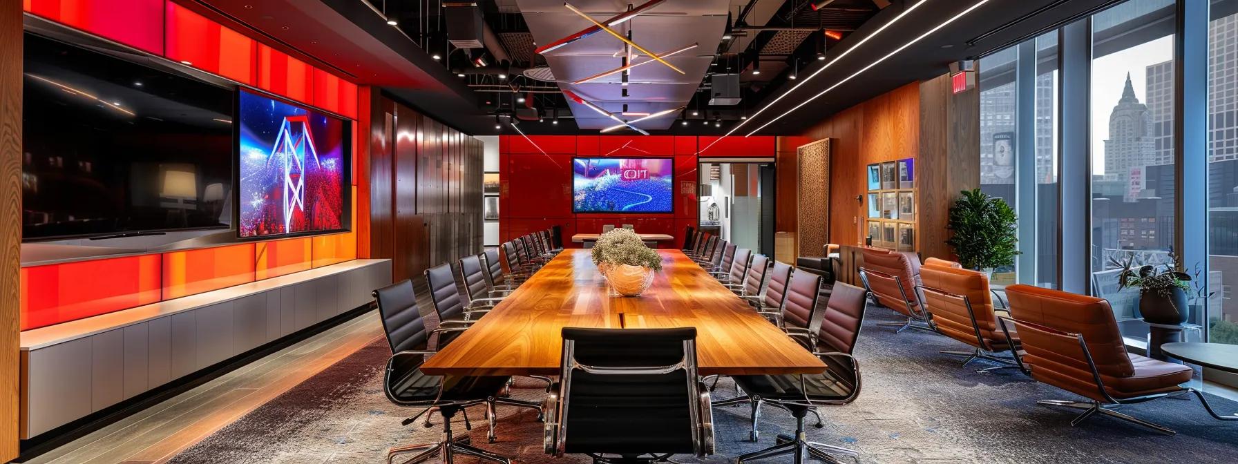 a sleek, modern office setting featuring a focused team of professionals discussing strategies around a polished conference table, with vibrant screens displaying successful media placements and client testimonials in the backdrop, reflecting the dynamic world of nyc public relations for television.