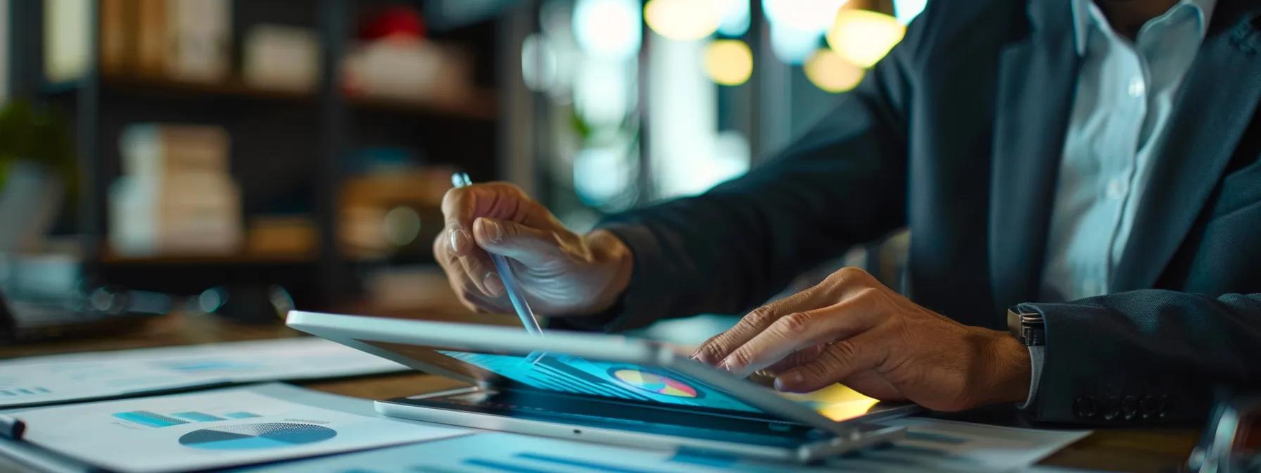 a sleek, modern office setting showcases a confident professional analyzing dynamic graphs and charts on a digital tablet, highlighting the comparative effectiveness of mk-677 against other fat loss supplements and growth hormone secretagogues.