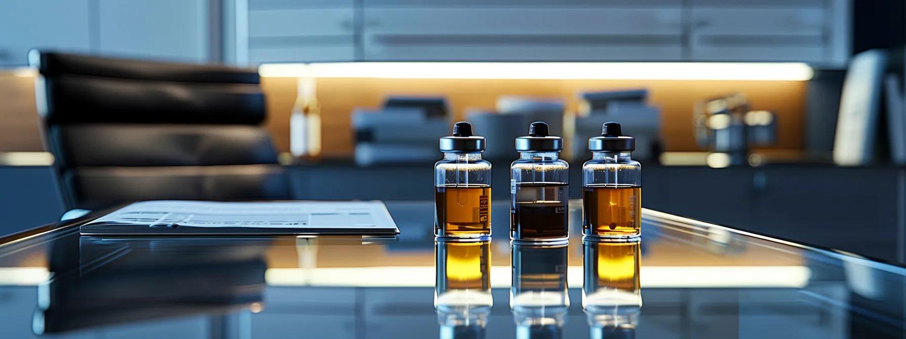 a sleek, modern office setting showcases three distinct vials labelled ibutamoren mk-677, hgh, and peptides, elegantly arranged on a polished glass desk, illuminated by sharp, focused lighting to emphasise their clinical sophistication and differences.