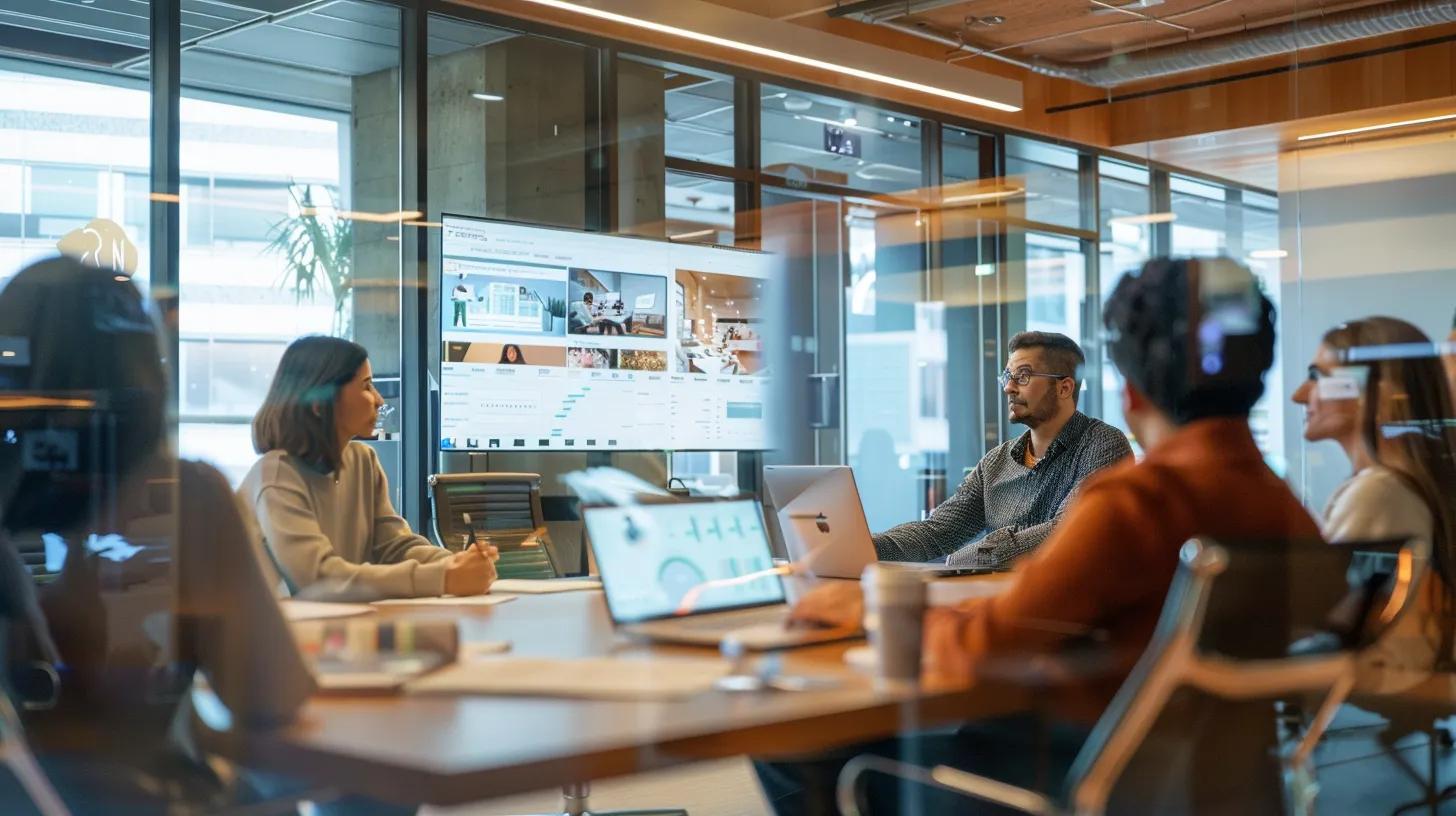 a sleek, modern office setting showcases a diverse team of contractors engaged in a dynamic project management meeting, surrounded by transparent screens displaying real-time progress reports and collaborative communication tools, emphasizing their commitment to efficiency and trust.