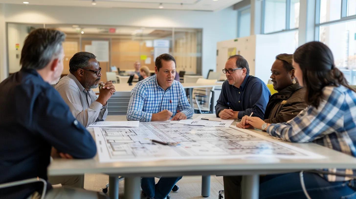 a sleek, modern office setting showcases a group of diverse homebuyers engaged in an animated discussion around a glossy conference table filled with blueprints and cost analysis charts, highlighting their shared curiosity about custom home building in fargo, nd.