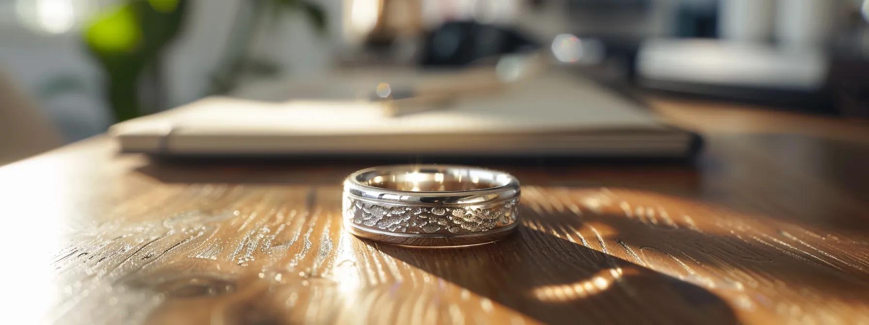a sleek, modern office setting showcases a close-up view of meteorite wedding bands elegantly displayed on a polished wooden desk, with soft, ambient lighting highlighting the unique cosmic patterns etched into the metallic surfaces. a sleek, modern office setting showcases a close-up view of meteorite wedding bands elegantly displayed on a polished wooden desk, with soft, ambient lighting highlighting the unique cosmic patterns etched into the metallic surfaces.