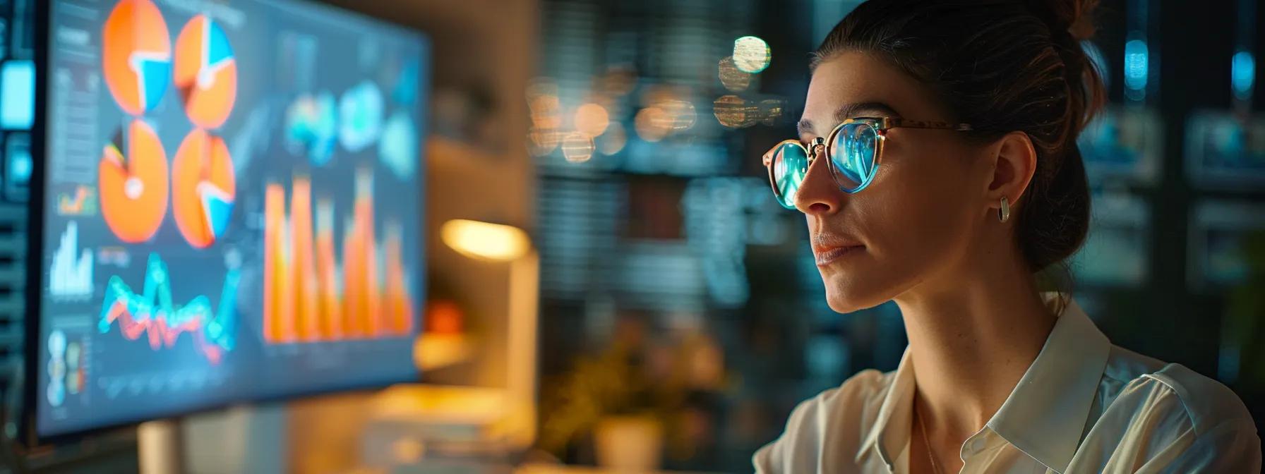 a sleek modern office setting showcases a confident business professional analyzing a vibrant portfolio, complete with engaging case studies and glowing client testimonials displayed on a large, illuminated screen.