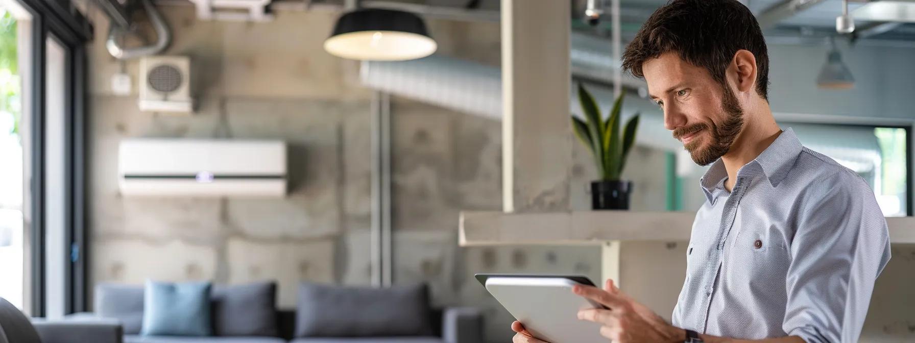 a sleek, modern office setting showcases a confident technician reviewing glowing customer testimonials on a tablet, with an air conditioning unit prominently displayed in the background, emphasizing the importance of local reviews in choosing reliable repair services.