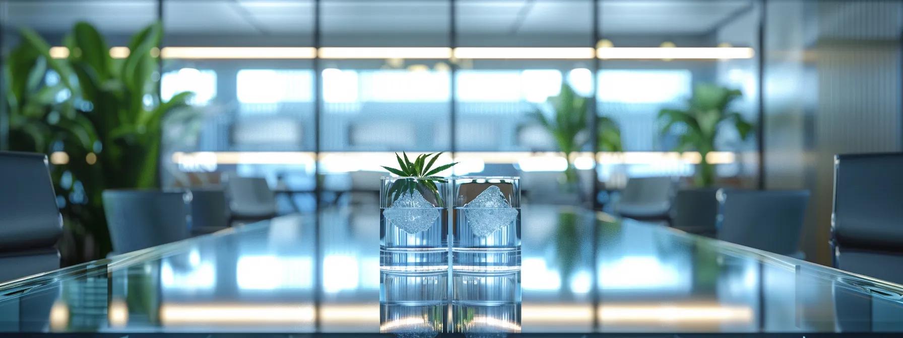 a sleek, modern office setting with a glass conference table at the center, featuring two contrasting clear glasses filled with thc-infused drink and a cocktail, symbolizing the cognitive effects of both substances on focus and decision-making, under stark fluorescent lighting for an impactful, clinical feel. a sleek, modern office setting with a glass conference table at the center, featuring two contrasting clear glasses filled with thc-infused drink and a cocktail, symbolizing the cognitive effects of both substances on focus and decision-making, under stark fluorescent lighting for an impactful, clinical feel.