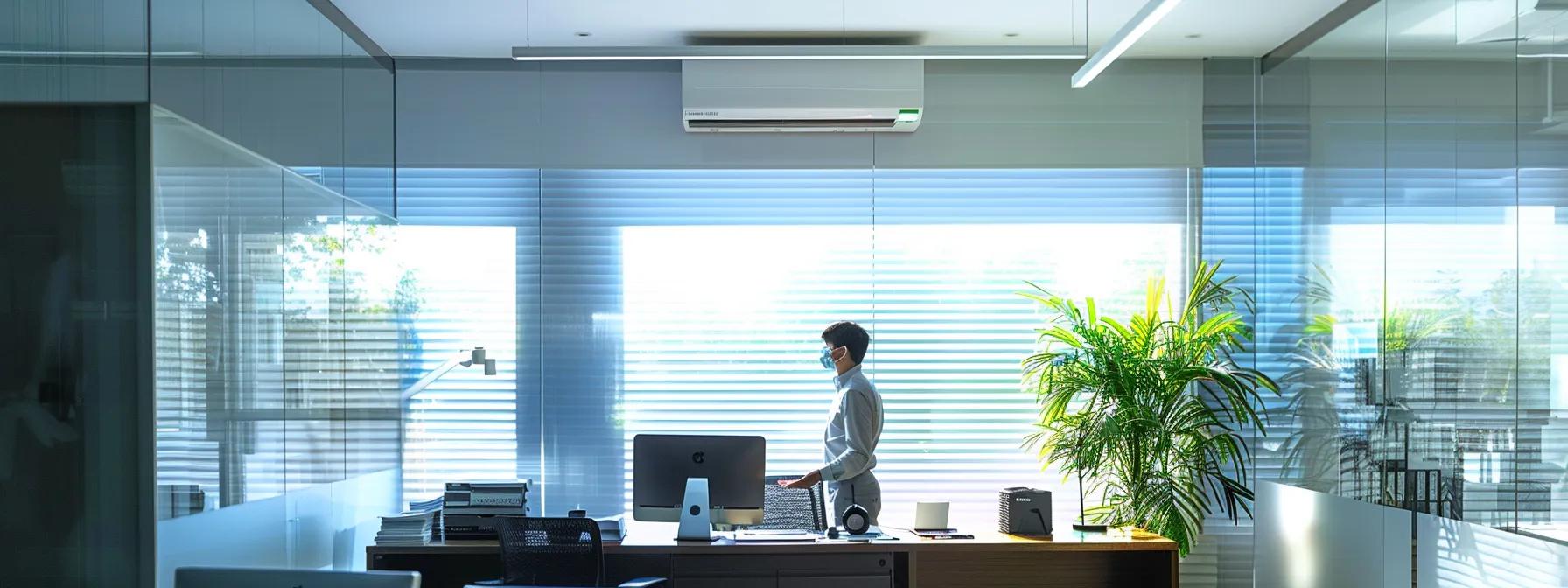 a sleek, modern office showcases a skilled technician confidently inspecting a sophisticated air conditioning unit, surrounded by advanced diagnostic equipment, emphasizing the benefits of professional seasonal maintenance in an urban setting.