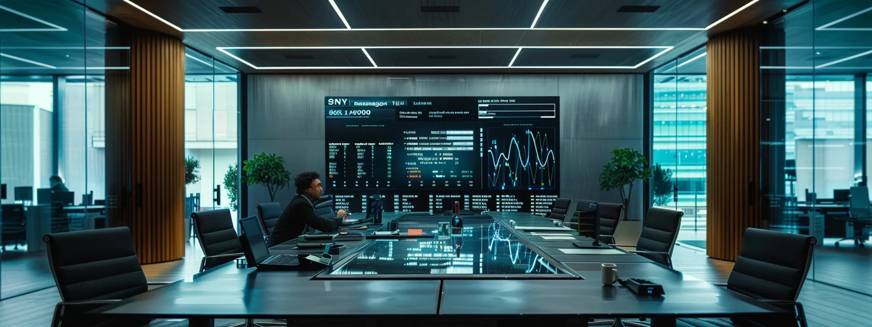 a sleek, modern office space features a large digital screen displaying complex data analytics and performance metrics for streaming ad investments, with focused professionals engaged in strategic discussions and analyzing key performance indicators around a sophisticated conference table.