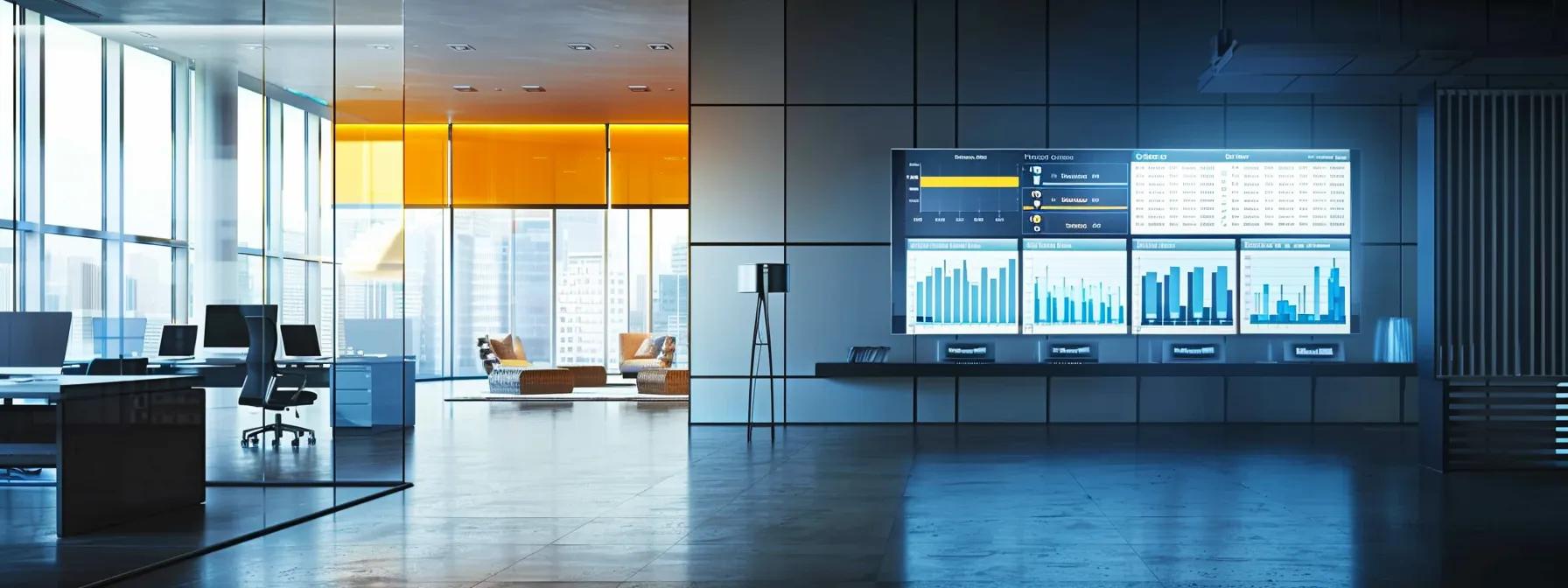 a sleek, modern office space features a high-tech setup with a digital display showcasing a detailed chart of heat lamp wattage calculations, illuminated by focused, efficient lighting that emphasizes the professional environment.