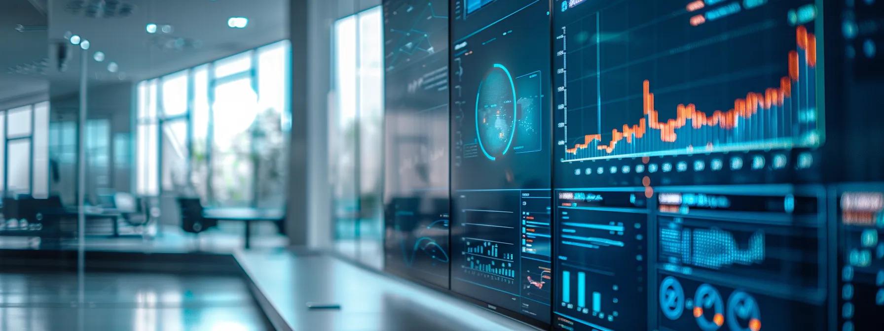 a sleek, modern office space features a large digital dashboard displaying vibrant graphs and analytics, capturing the essence of ai-driven seo performance monitoring with a focus on strategic refinement.