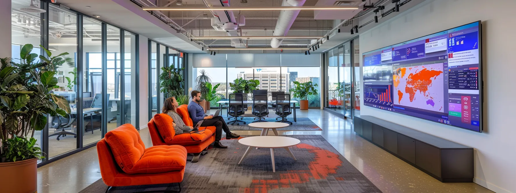 a sleek, modern office space features a large digital display showcasing colorful analytics and ppc campaign metrics, with a focused marketing professional analyzing data through a high-tech laptop.