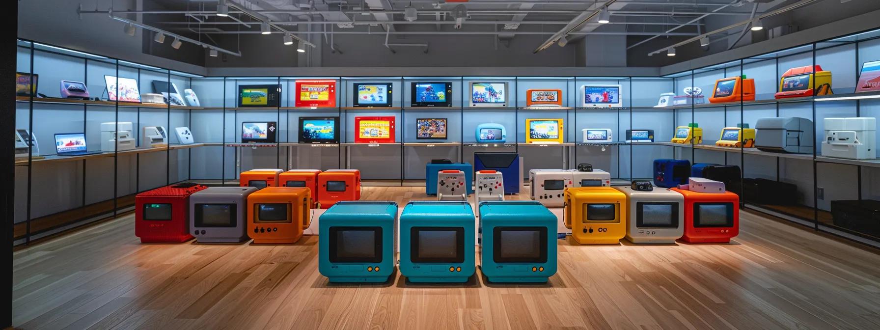 a sleek, modern office space features a vibrant display of popular portable retro gaming consoles, showcasing their distinctive designs and color palettes against a backdrop of minimalist furniture and tech-oriented decor. a sleek, modern office space features a vibrant display of popular portable retro gaming consoles, showcasing their distinctive designs and color palettes against a backdrop of minimalist furniture and tech-oriented decor.
