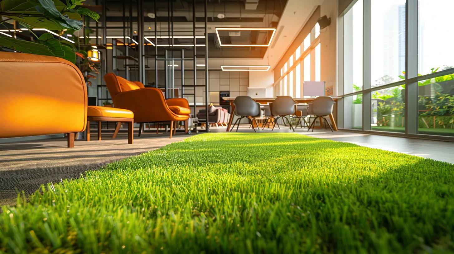 a sleek, modern office space features eco-friendly artificial grass spread stylishly across the floor, showcasing its vibrant green texture against contemporary furniture and minimalist decor, emphasizing sustainability in urban design. a sleek, modern office space features eco-friendly artificial grass spread stylishly across the floor, showcasing its vibrant green texture against contemporary furniture and minimalist decor, emphasizing sustainability in urban design.