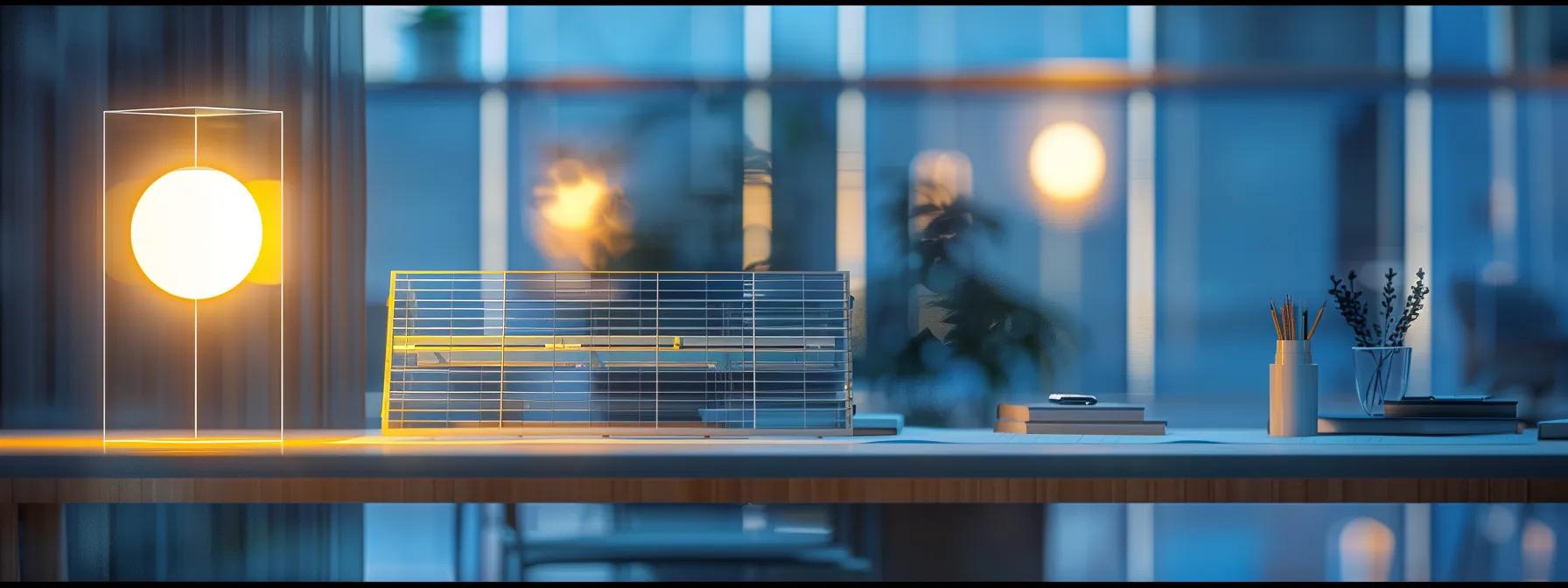 a sleek, modern office space features a detailed, transparent model of a solar panel, highlighting its intricate components against a backdrop of minimalist decor and soft, ambient lighting. a sleek, modern office space features a detailed, transparent model of a solar panel, highlighting its intricate components against a backdrop of minimalist decor and soft, ambient lighting.