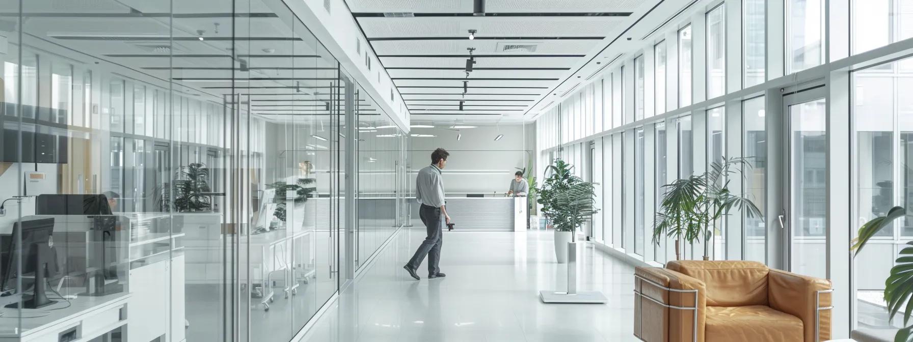 a sleek, modern office space features a technician in a sharp uniform inspecting an advanced hvac system, showcasing the professionalism and precision of hvac maintenance plans.