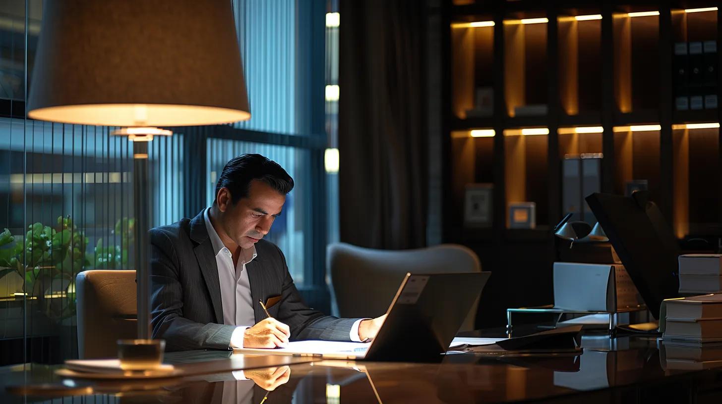 a sleek, modern office space features an insurance agent seated at a polished desk, intently reviewing a detailed report on home inspections, illuminated by the warm glow of stylish ambient lighting that emphasizes the professionalism of the insurance industry.