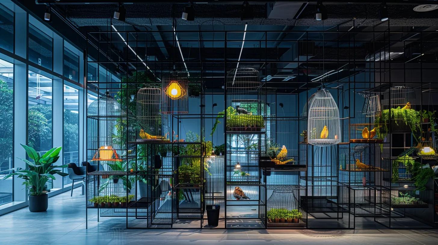 a sleek, modern office space featuring a vibrant display of various bird cage lighting types, each illuminating unique bird species while showcasing their specific health benefits on stylish infographics. a sleek, modern office space featuring a vibrant display of various bird cage lighting types, each illuminating unique bird species while showcasing their specific health benefits on stylish infographics.