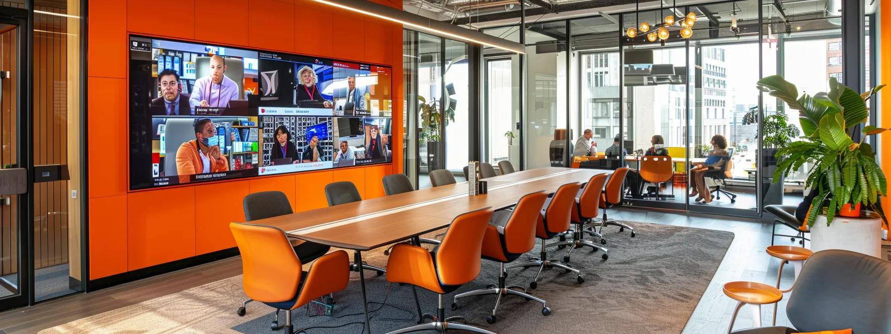 a sleek, modern office space features a large screen displaying a diverse group of professionals engaged in a dynamic video conference, surrounded by high-tech equipment and vibrant decor that emphasizes a collaborative business environment.