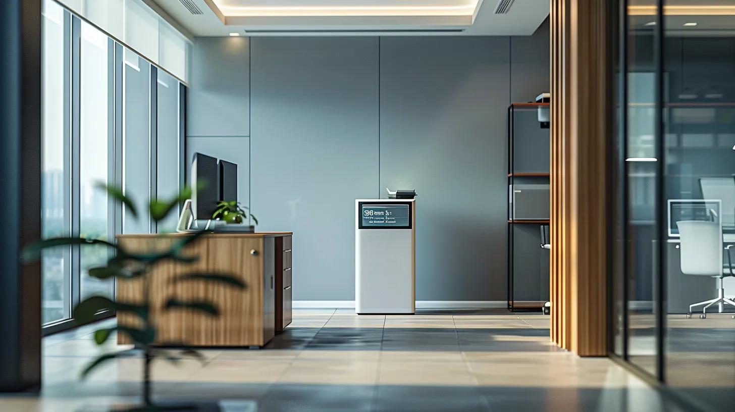 a sleek, modern office space features a sophisticated hygrometer display on a minimalist desk, alongside a stylish dehumidifier and an air conditioning unit visibly circulating dry air, emphasizing the importance of humidity management for preserving floor integrity during summer.