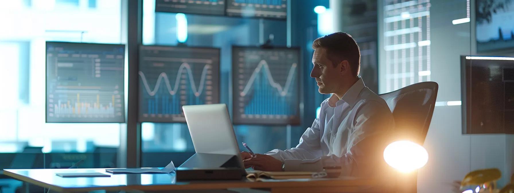 a sleek, modern office space features a knowledgeable consultant reviewing detailed condo documents on a high-tech laptop, surrounded by illuminated charts and financial reports that depict the multi-step verification process for fannie mae financing eligibility.