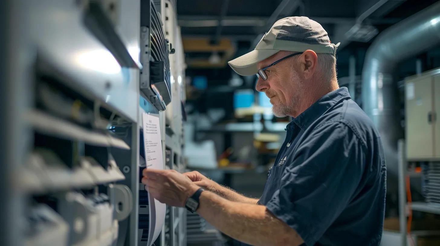 a sleek, modern office space features a knowledgeable technician inspecting an hvac system's components, emphasizing the importance of professional maintenance for cost-efficient energy savings, illuminated by soft, focused lighting that highlights the intricate machinery. a sleek, modern office space features a knowledgeable technician inspecting an hvac system's components, emphasizing the importance of professional maintenance for cost-efficient energy savings, illuminated by soft, focused lighting that highlights the intricate machinery.