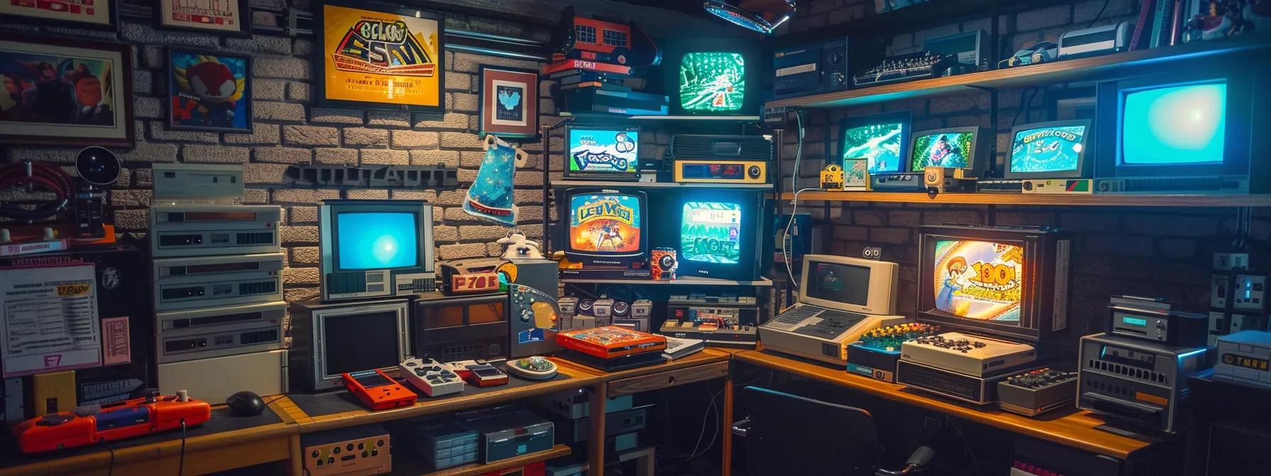a sleek, modern office space features a well-organized desk displaying various portable retro gaming devices alongside their accessories and a vibrant assortment of classic game cartridges, illuminated by sharp overhead lighting to emphasize their unique designs and nostalgic appeal.