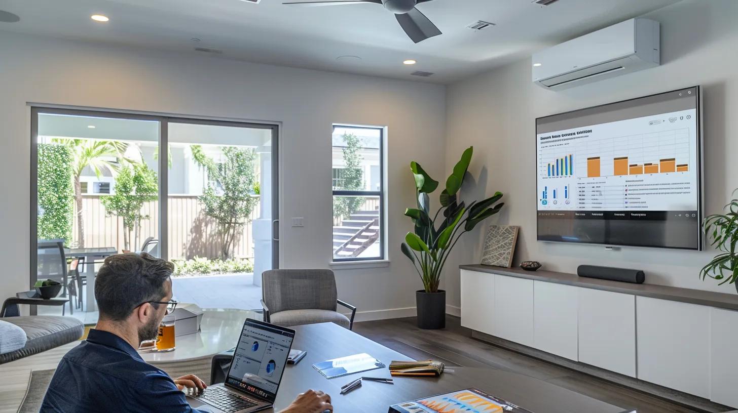 a sleek, modern office space features a focused homeowner analyzing charts and graphs on a laptop, with a visually striking infographic on a large screen illustrating the long-term costs and energy efficiency of different water heater options for florida households.