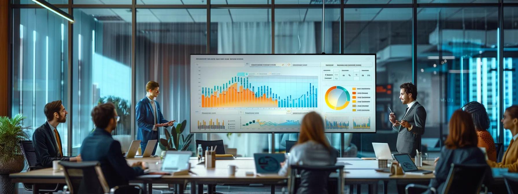 a sleek, modern office space features a group of business professionals engaged in a dynamic discussion, surrounded by charts and digital screens displaying statistics and customer feedback on commercial lawn service evaluation, capturing the essence of strategic decision-making.
