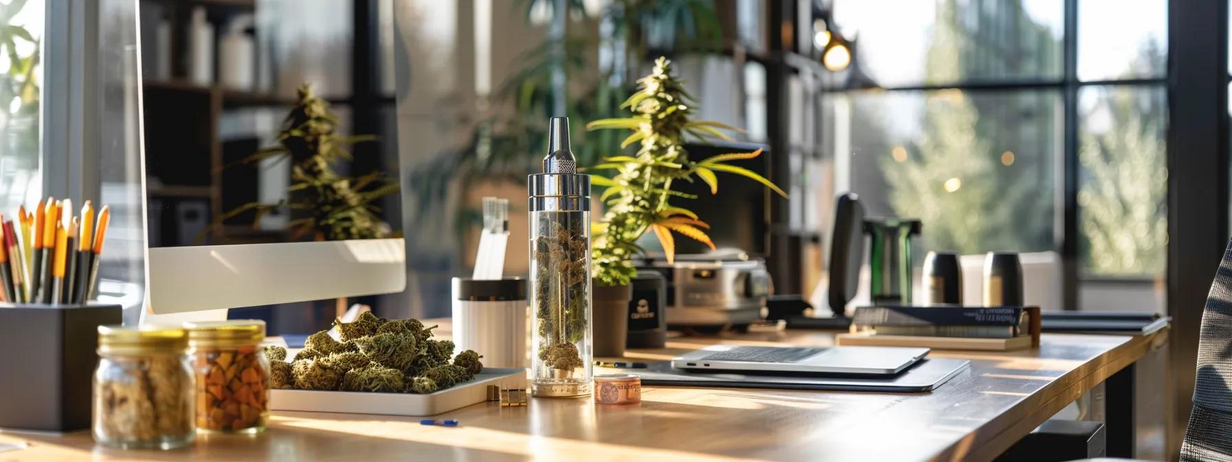 a sleek, modern office space features a stylish vaporizer prominently on a polished desk, surrounded by various cannabis edibles and tinctures, highlighting the routine and sophistication of daily thc consumption. a sleek, modern office space features a stylish vaporizer prominently on a polished desk, surrounded by various cannabis edibles and tinctures, highlighting the routine and sophistication of daily thc consumption.