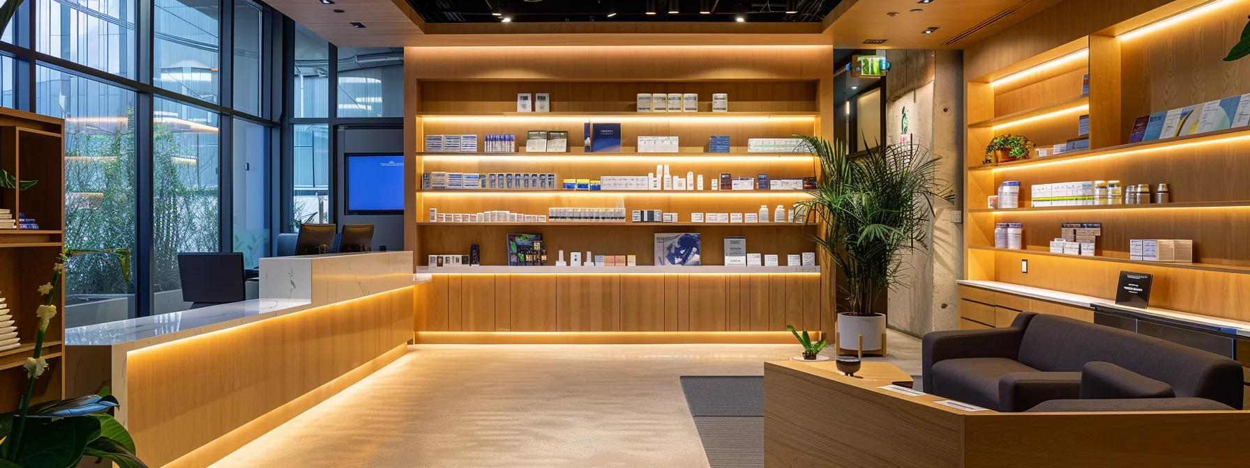 a sleek, modern office space filled with fitness and nutrition literature, featuring a prominent display of growth hormone booster supplements alongside an expert consultant engaged in a focused conversation with an attentive client, illuminated by bright, clinical lighting.