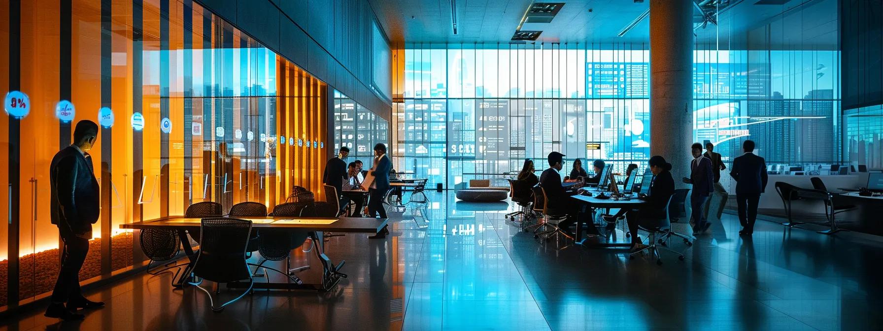 a sleek, modern office space filled with professionals engaged in dynamic discussions, surrounded by screens displaying analytics and media coverage, representing the strategic drive of a successful tv pr agency.