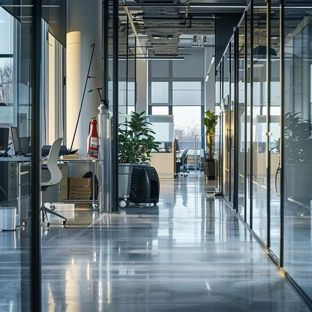 a sleek, modern office space is meticulously organized and spotless, showcasing professional cleaning equipment and products on display, emphasizing the superior cleanliness achievable through expert cleaning services over diy methods. a sleek, modern office space is meticulously organized and spotless, showcasing professional cleaning equipment and products on display, emphasizing the superior cleanliness achievable through expert cleaning services over diy methods.
