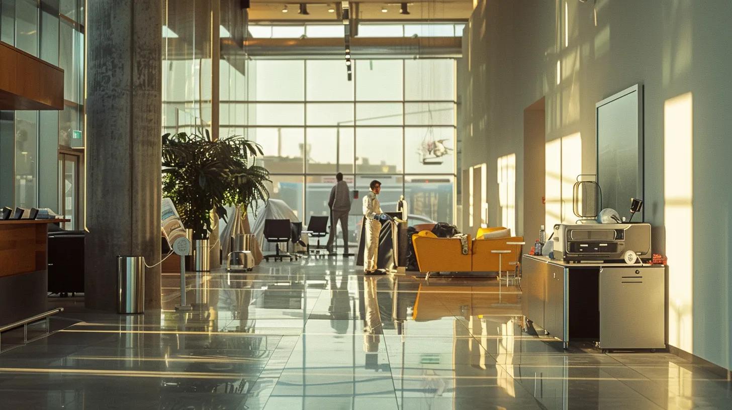 a sleek, modern office space showcases a professional cleaning team diligently sanitizing surfaces in preparation for an upcoming event, emphasizing the ease and efficiency of expert services amidst a tidy, ready-to-host environment.