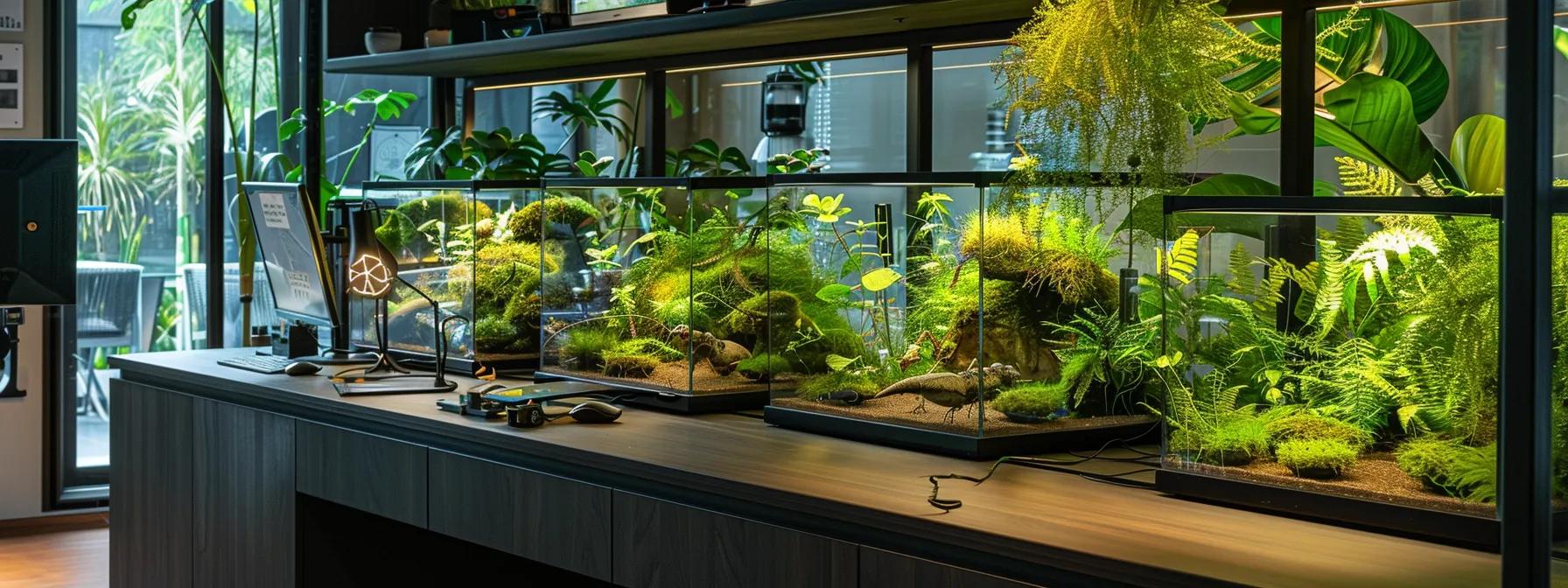 a sleek, modern office space showcases a meticulously arranged ant farm display on a polished desk, demonstrating various beginner-friendly ant species in their intricate tunnels beneath glass, illuminated by ambient led lights.